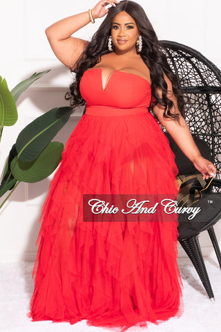 Available Online Only - Final Sale Plus Size Strapless Deep V Maxi Tulle Dress with Slit in Red