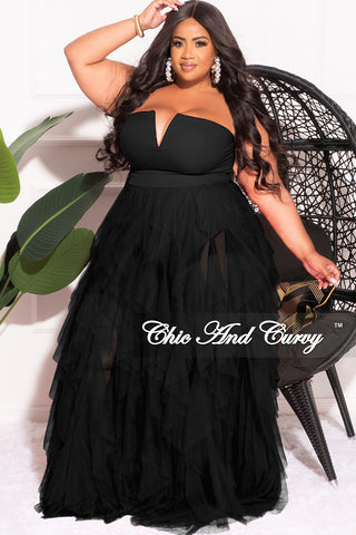 Available Online Only - Final Sale Plus Size Strapless Deep V Maxi Tulle Dress with Slit in Black