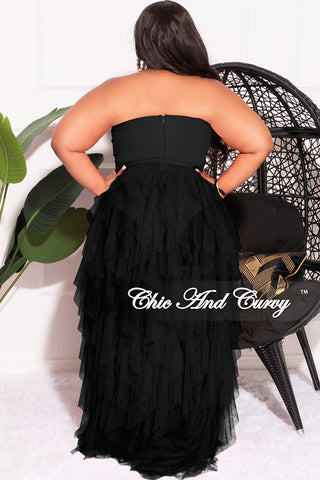 Available Online Only - Final Sale Plus Size Strapless Deep V Maxi Tulle Dress with Slit in Black