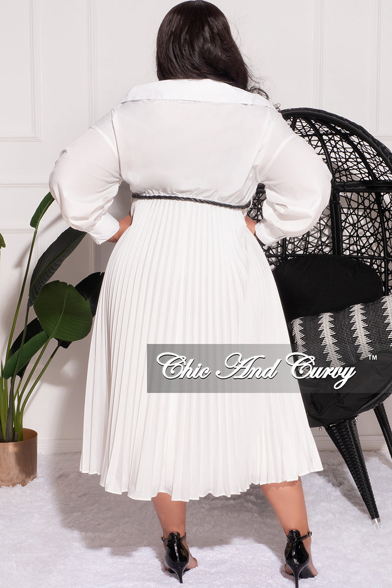 Final Sale Plus Size Off the Shoulder Collar Faux Wrap Dress with Bottom Pleats in White