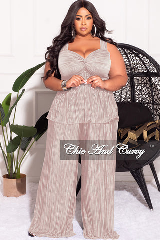 Final Sale Plus Size Sleeveless Pleated Peplum Top and Palazzo Pants Set in Tan