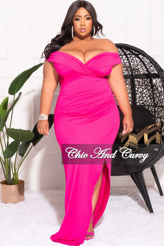 Final Sale Plus Size Faux Wrap Off the Shoulder Ruched Gown with Slit in Fuchsia