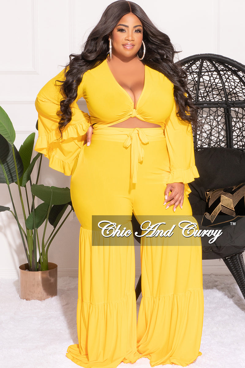 Final Sale Plus Size 2pc Long Sleeve Crop Tie Top and 3-Layer Pants Set in Yellow