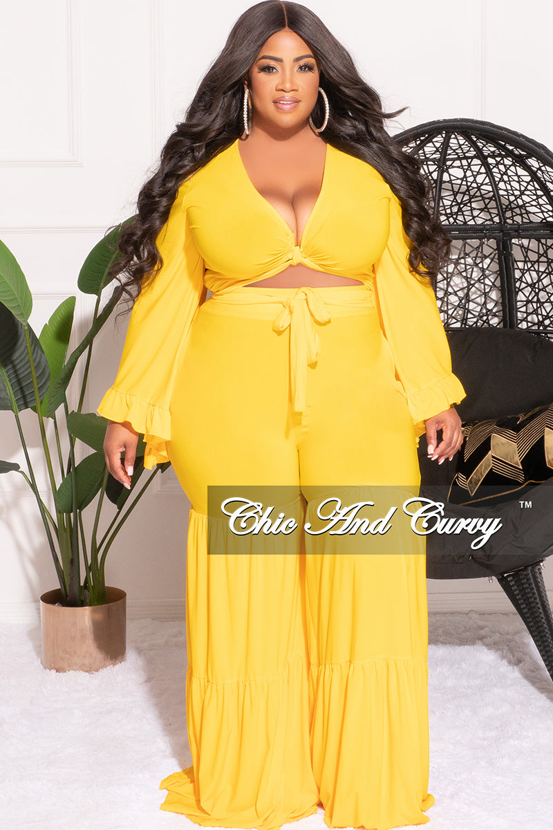 Final Sale Plus Size 2pc Long Sleeve Crop Tie Top and 3-Layer Pants Set in Yellow