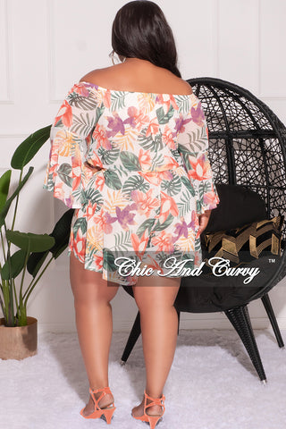 Final Sale Plus Size Mesh Off the Shoulder Bell Sleeve Romper in White Floral Print