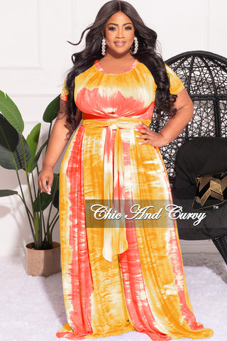 Final Sale Plus Size 2pc Set Cropped Tie Top & Pants in Yellow Pink and White Tie Dye Print