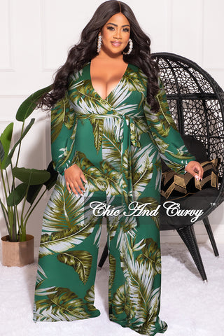 Final Sale Plus Size Deep V Jumpsuit with Tie in Green Leaf Print