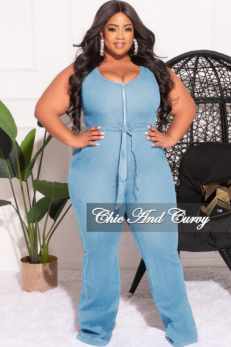 Final Sale Plus Size Sleeveless Zip-Up Jumpsuit with Attached Tie in Light Denim