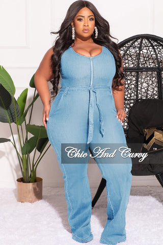 Final Sale Plus Size Sleeveless Zip-Up Jumpsuit with Attached Tie in Light Denim