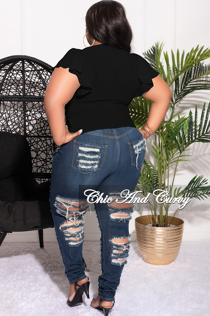 Final Sale Plus Size Chiffon Ruched Corset Blouse with Flutter Sleeves in Black