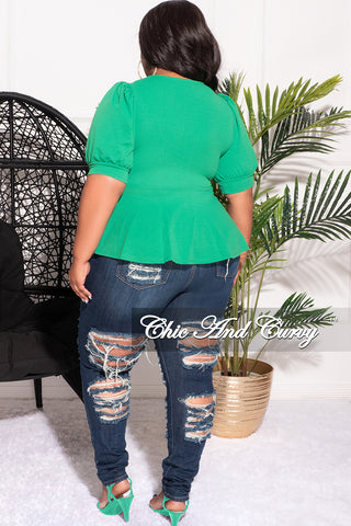 Final Sale Plus Size Techno Crepe  Peplum Top with 3/4 Sleeves in Green
