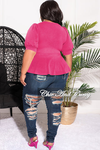 Final Sale Plus Size Techno Crepe  Peplum Top with 3/4 Sleeves in Fuschia