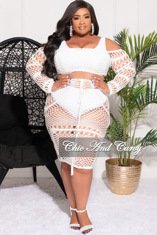 Final Sale Plus Size 2pc Crochet Crop Top and Skirt Set in White