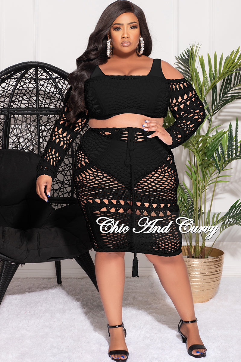 Final Sale Plus Size 2pc Crochet Crop Top and Skirt Set in Black