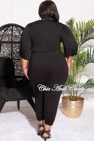 Final Sale Plus Size 2pc Faux Wrap Tie Top and Pants Set in Black