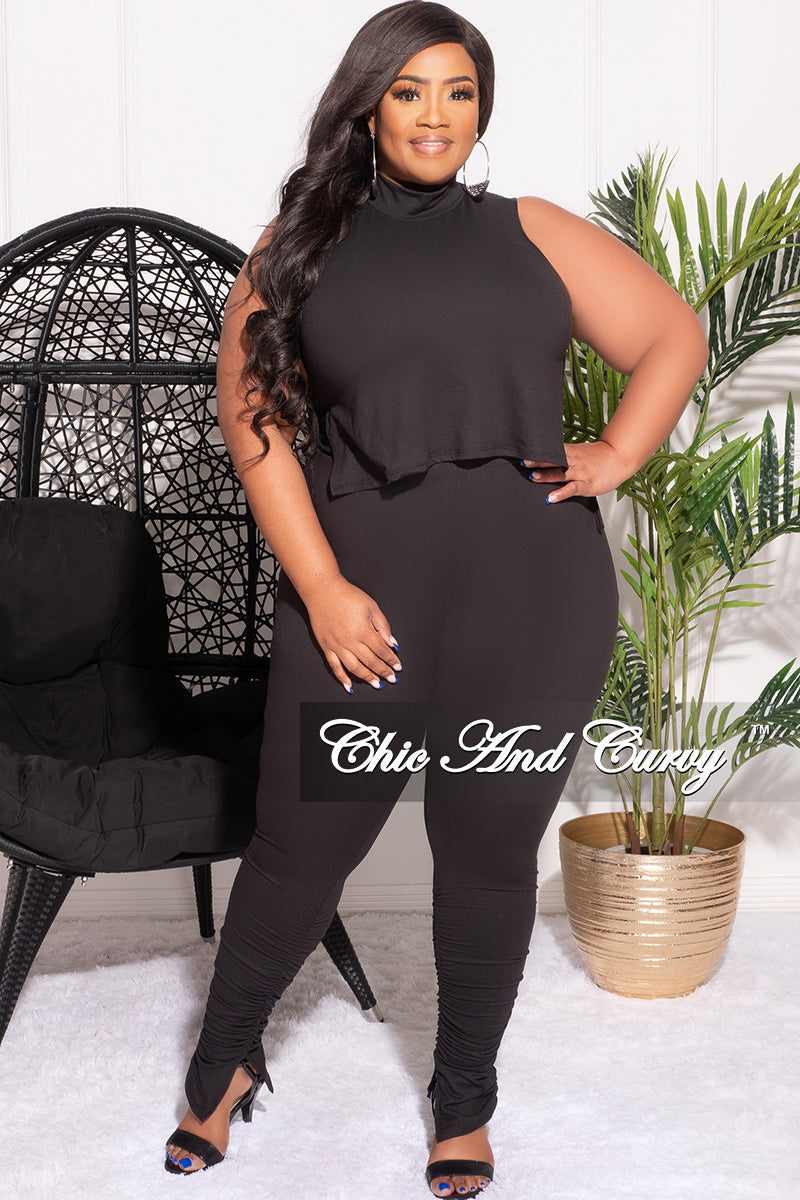 Final Sale Plus Size 2pc Mock Neck Side Knot Tie Crop Top and Ruched Pants Set in Black