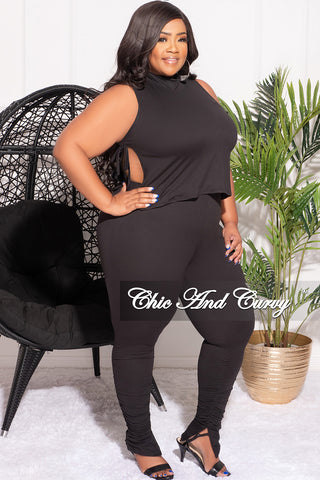 Final Sale Plus Size 2pc Mock Neck Side Knot Tie Crop Top and Ruched Pants Set in Black