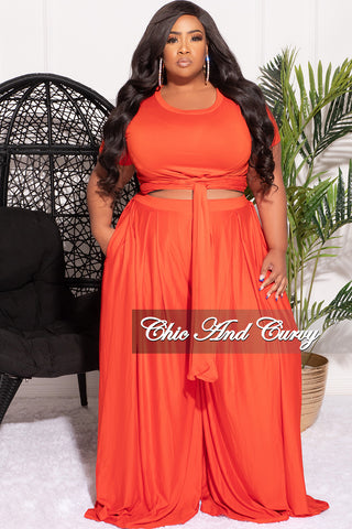 Final Sale Plus Size 2pc Set Cropped Tie Top & Pants in Orange