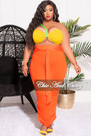 Final Sale Plus Size 2pc One Shoulder Twist Front Bra Top and Ruched Skirt in Green Yellow and Orange