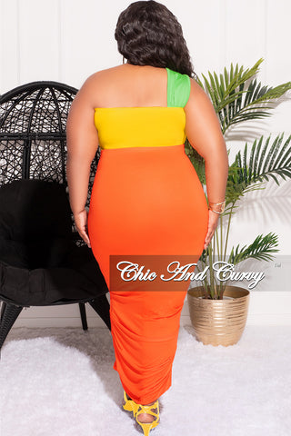 Final Sale Plus Size 2pc One Shoulder Twist Front Bra Top and Ruched Skirt in Green Yellow and Orange