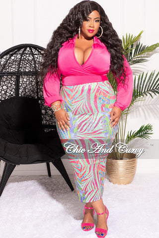 Final Sale Plus Size 2pc Long Sleeve Faux Wrap Collar Fuchsia Crop Tie Top and Skirt Set in Multi Color Print