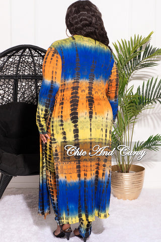 Final Sale Plus Size 3pc Set (Cardigan Crop Top and Legging) in Royal Blue Orange Yellow and Black Tie Dye Print