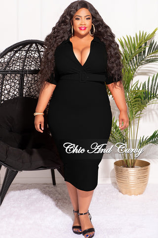 Final Sale Plus Size Collar Faux Wrap Belted BodyCon Dress in Black
