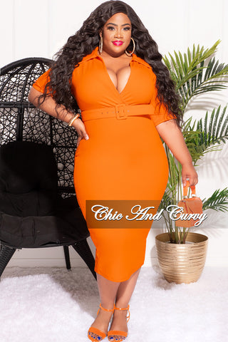 Final Sale Plus Size Collar Faux Wrap Belted BodyCon Dress in Orange
