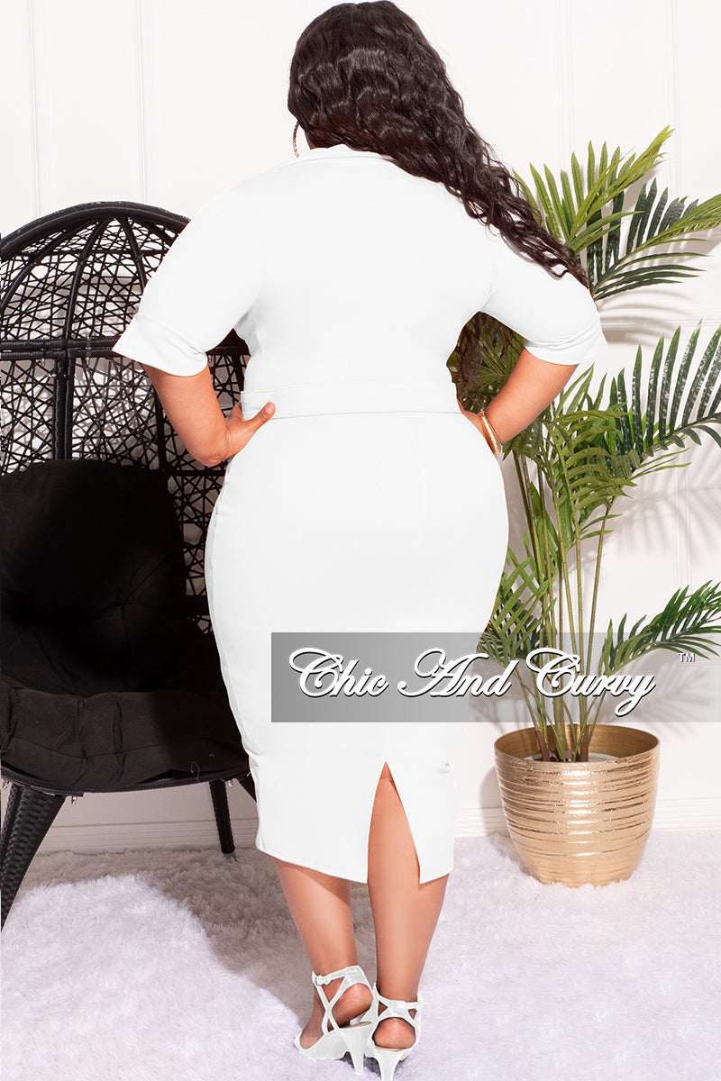 Final Sale Plus Size Collar Faux Wrap Belted BodyCon Dress in White