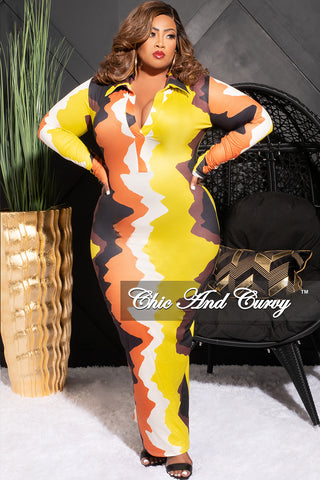 Final Sale Plus Size Multi-Color Print Collar Neck Long Sleeve Dress