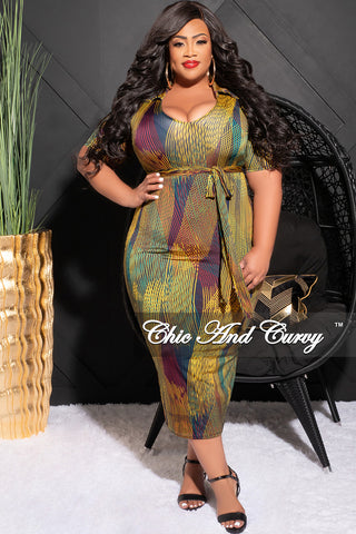 Final Sale Plus Size Collar Midi BodyCon Dress with Waist in Multi Color Stripe Print