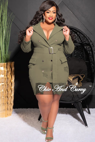 Final Sale Plus Size Collar Button Up Distress Dress in Olive