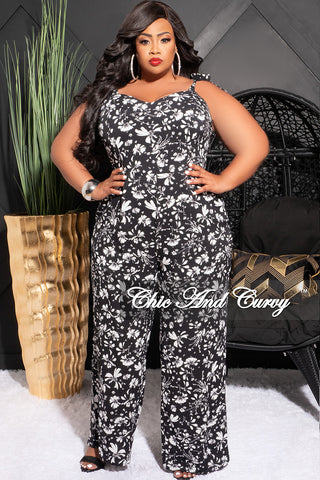 Final Sale Plus Sleeveless Jumpsuit with Tie Straps in Black and White Floral Print
