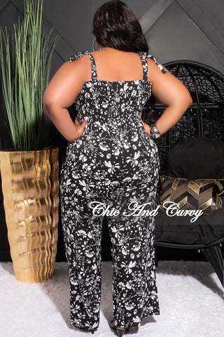 Final Sale Plus Sleeveless Jumpsuit with Tie Straps in Black and White Floral Print