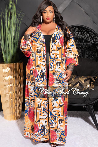 Final Sale Plus Size Sheer Chiffon Duster with Waist Tie and Rhinstone Cuff in Mustard Multicolor Design Print