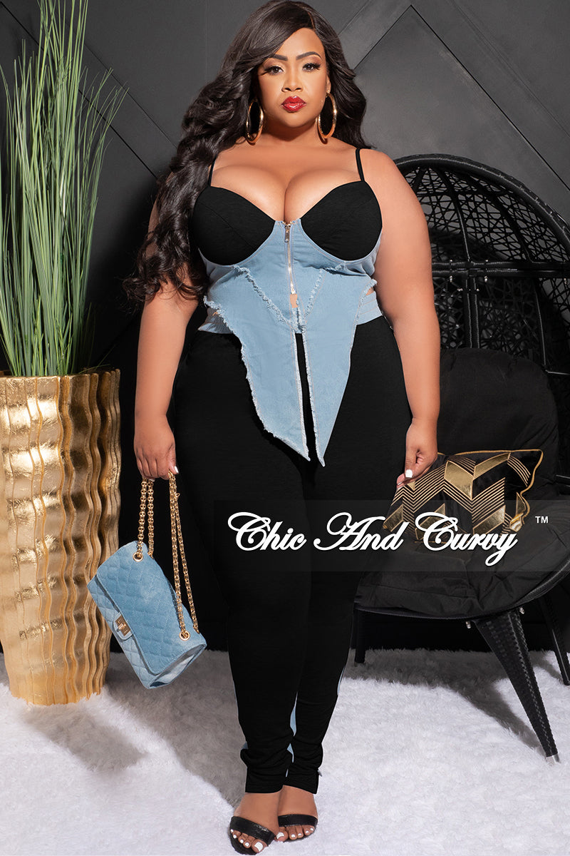 Final Sale Plus Size 2pc Spaghetti Strap Top and Pants in Black & Blue Faux Denim & Jersey Fabric