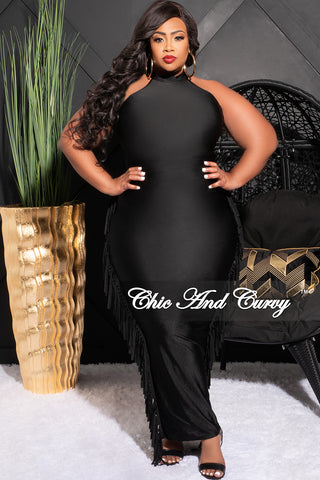 Final Sale Plus Size 2pc Sleeveless Crop Top and High Waist Fringe Trim Pencil Skirt Set in Black