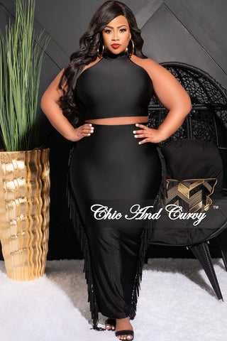 Final Sale Plus Size 2pc Sleeveless Crop Top and High Waist Fringe Trim Pencil Skirt Set in Black