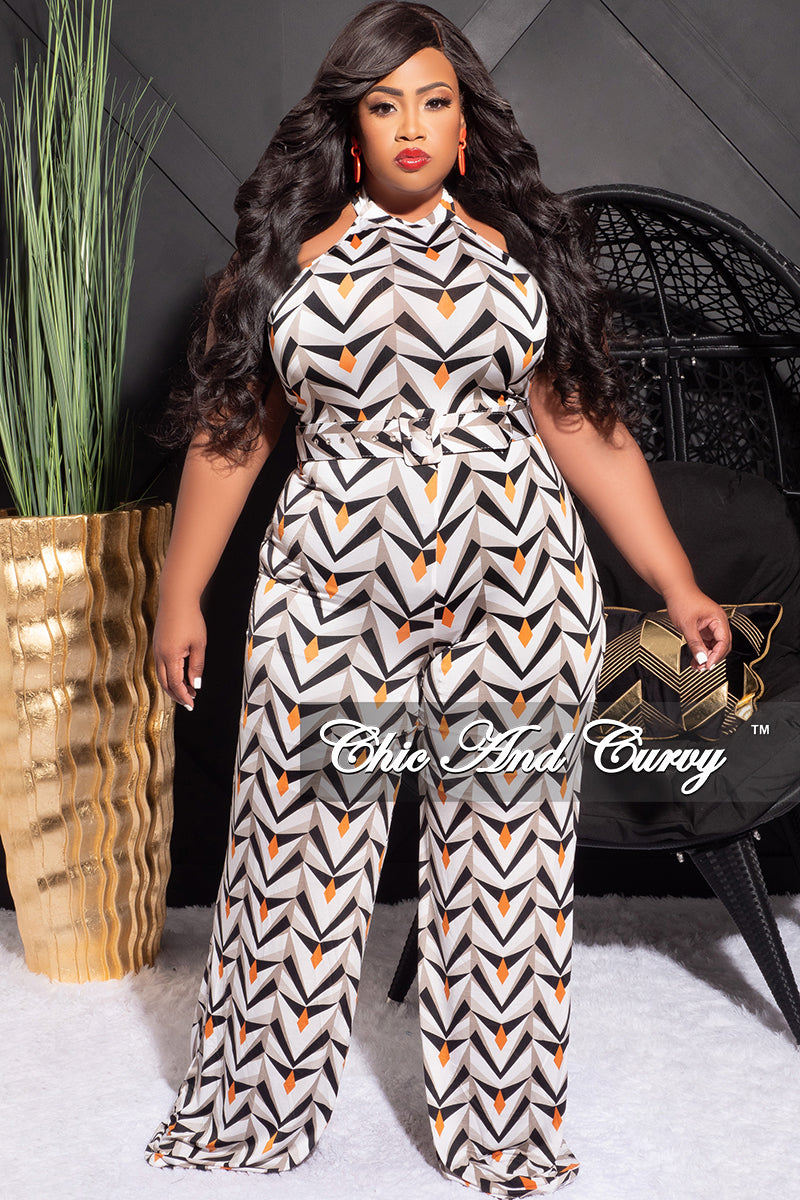 Final Sale Plus Size Halter Jumpsuit with Attached Belt in White Black Grey and Orange Design Print