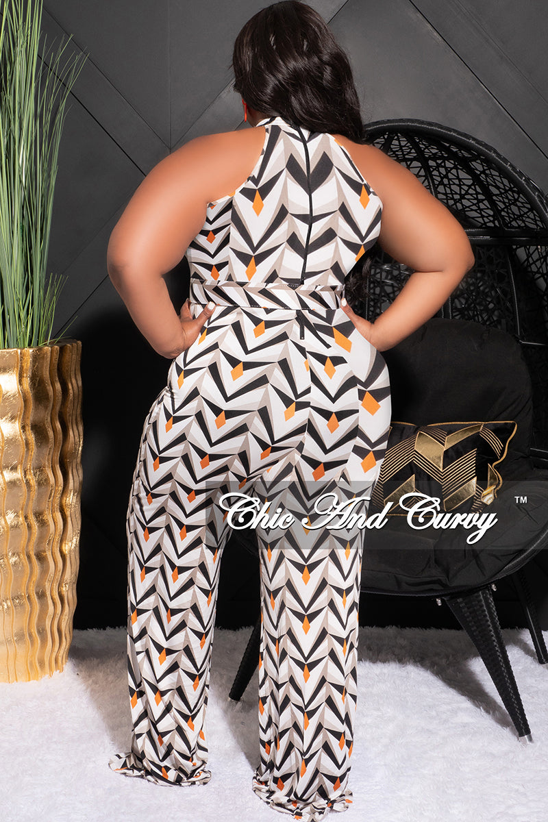 Final Sale Plus Size Halter Jumpsuit with Attached Belt in White Black Grey and Orange Design Print