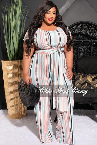 Final Sale Plus Size 2pc Short Sleeve Tie Top and Pants Set in Black, Mint, Grey & Pink Stripes
