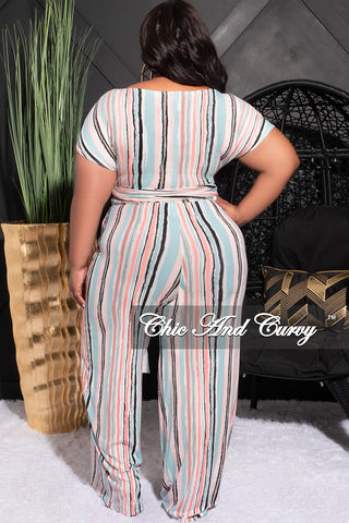 Final Sale Plus Size 2pc Short Sleeve Tie Top and Pants Set in Black, Mint, Grey & Pink Stripes