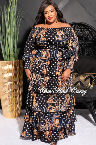 Final Sale Plus Size Satin Off the Shoulder Tiered Maxi in Black Heart Chain Print