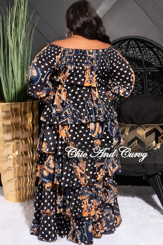 Final Sale Plus Size Satin Off the Shoulder Tiered Maxi in Black Heart Chain Print