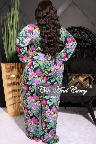 Final Sale Plus Size 2pc Collar Crop Faux Wrap Tie Top and Pants Set in Floral Multi Color Print