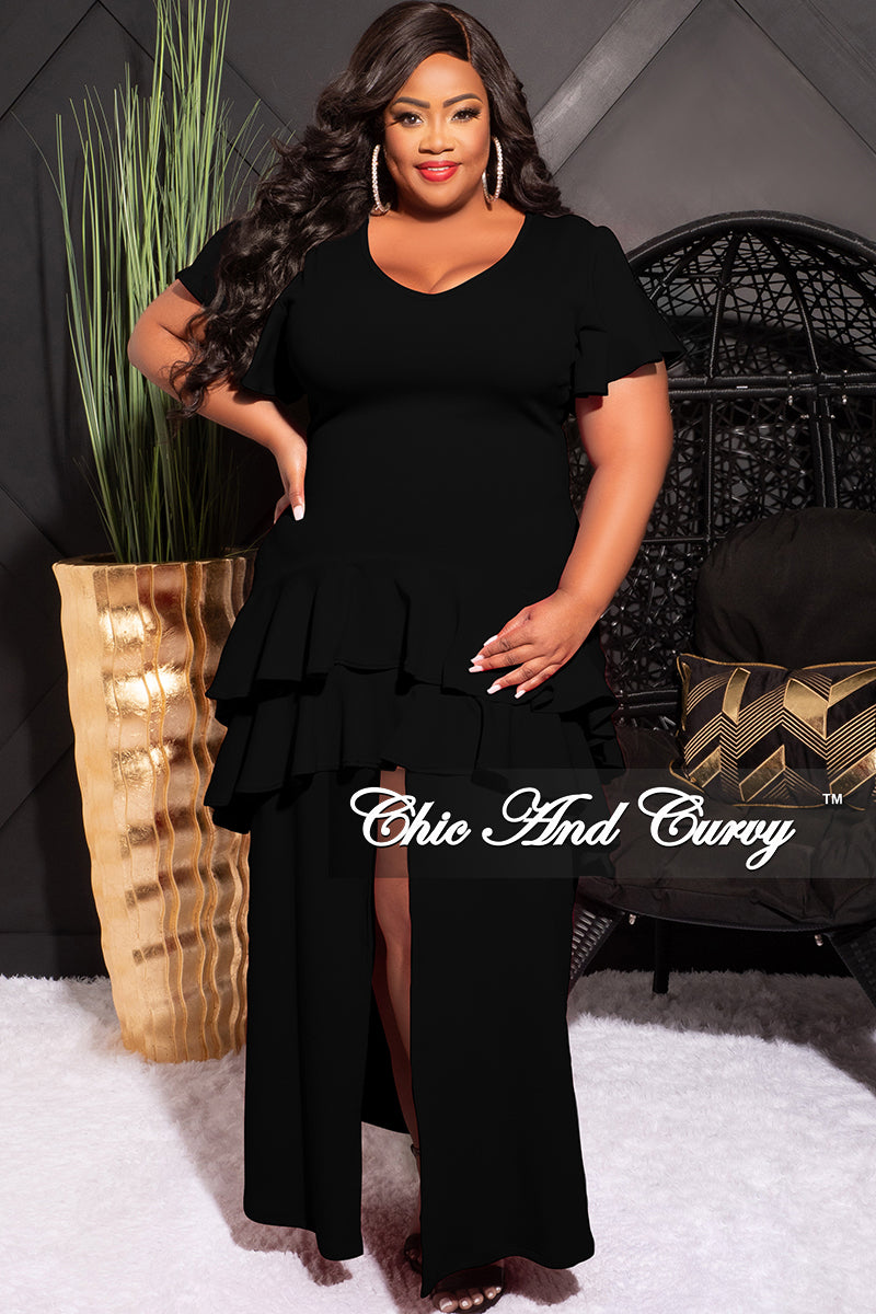 Final Sale Plus Size Ruffle Layered Dress with Front High Slit in Black