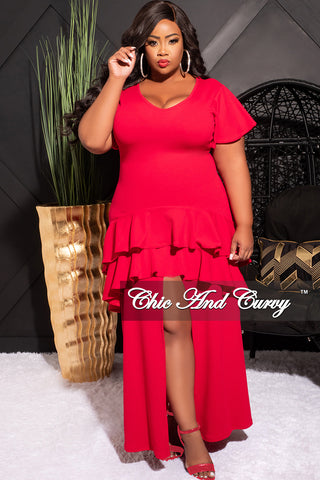 Final Sale Plus Size Ruffle Layered Dress with Front High Slit in Red