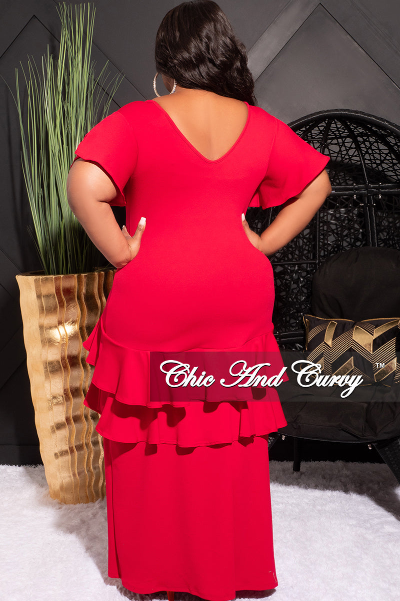 Final Sale Plus Size Ruffle Layered Dress with Front High Slit in Red