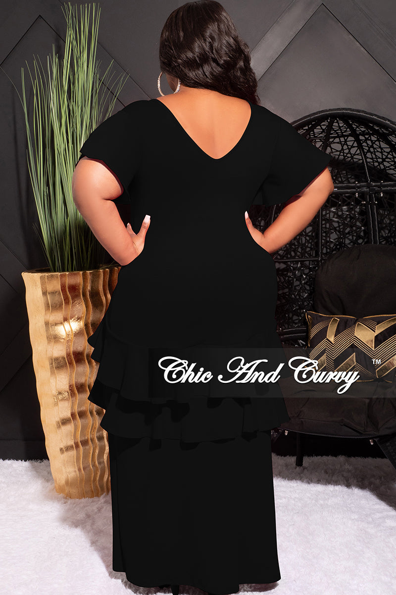 Final Sale Plus Size Ruffle Layered Dress with Front High Slit in Black