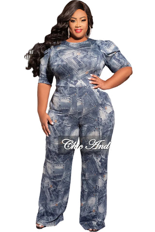 Final Sale Plus Size Zip Up Jumpsuit with Ruched Sleeves in Denim Button Print